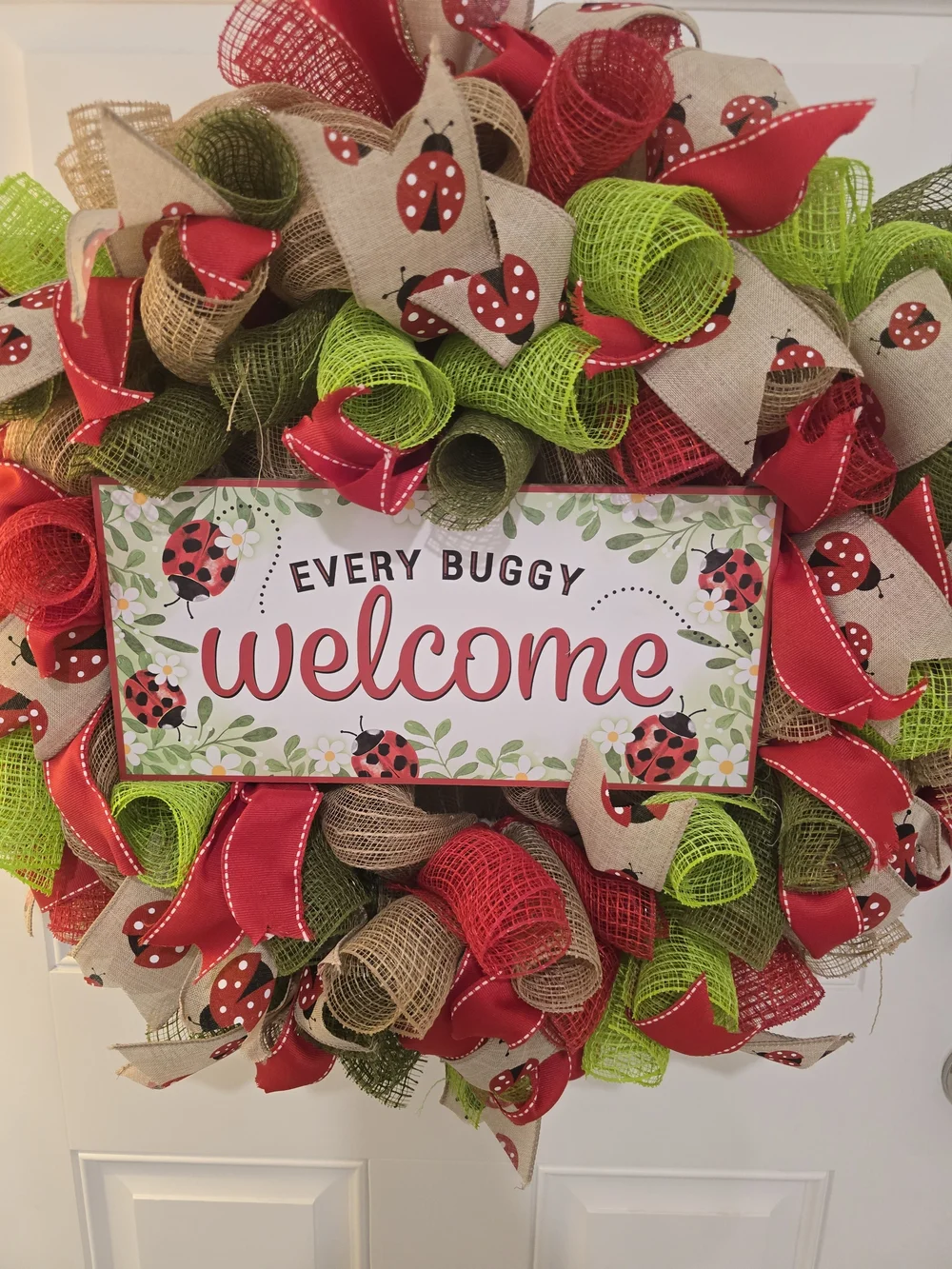 Welcome Ladybug Holiday Wreath - Red, Green & Natural